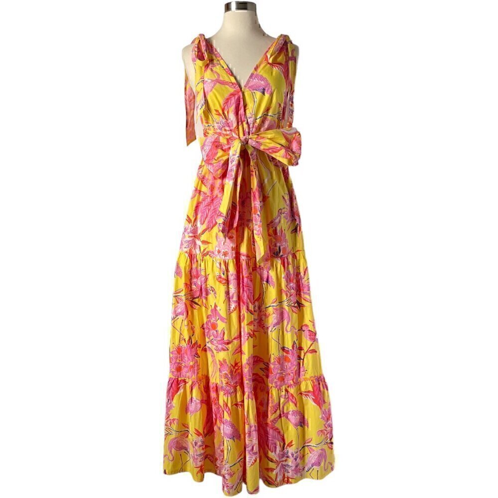 Banjanan Carnation Flamingo Cotton Maxi Dress XS Pink Yellow Tropical - Picture 13 of 13